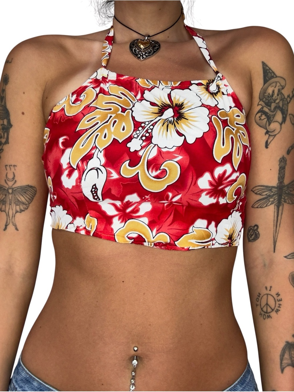 Y2K Halter Floral Crop Top in Red and White
